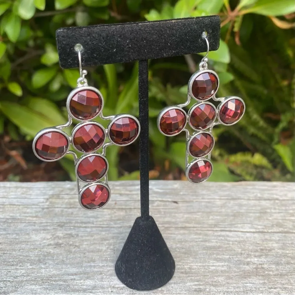 NWT New Urban Outfitters (UO) Silver & Burgundy/Wine Beaded Cross Earrings